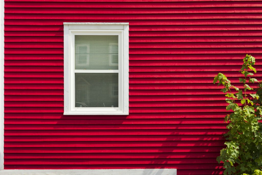 A single white window is on a bright red house exterior, with horizontal siding. There is a small tree growing to the right of the window.